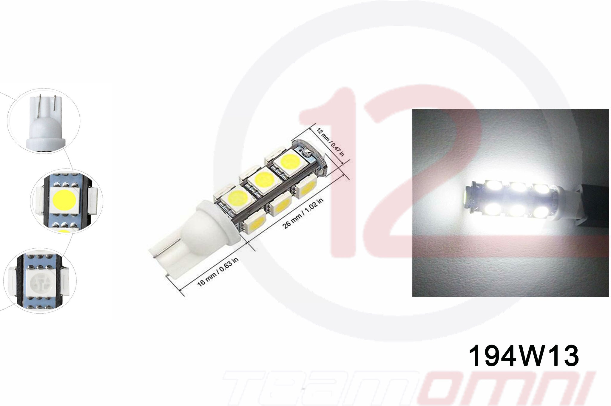 194/T10 13 CHIP LED BULB WHITE - 194W13