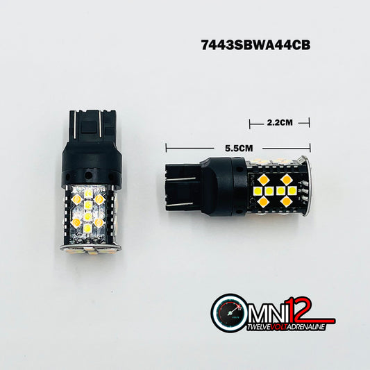 7443 44 CHIP LED BULB PAIR WHITE/AMBER SWITCHBACK WITH BUILT-IN CANBUS 1 PAIR