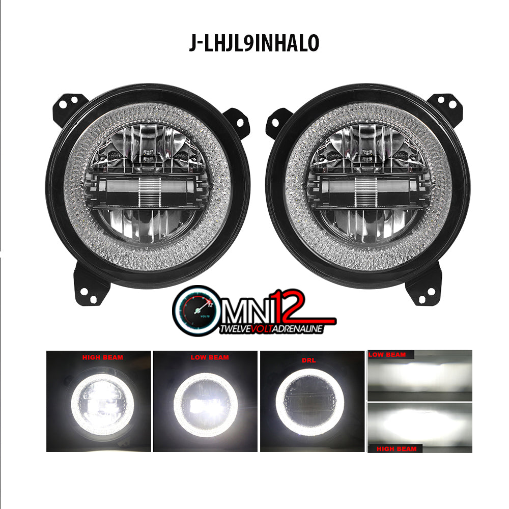Jeep World 9In Round LED Headlights for Jeep Wrangler JL 2018 and up White Halo