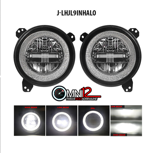 Jeep World 9In Round LED Headlights for Jeep Wrangler JL 2018 and up White Halo