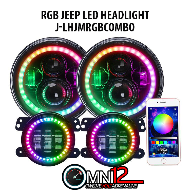 Jeep World Combo Set of 7In Round Multi-color LED Headlights and 4.5In Fog Lights Jeep