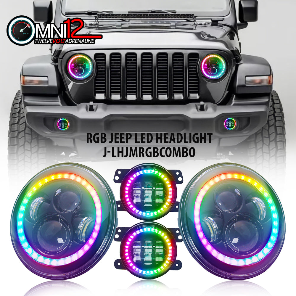 Jeep World Combo Set of 7In Round Multi-color LED Headlights and 4.5In Fog Lights Jeep